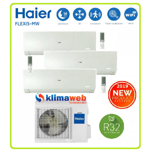 Climatizzatore condizionatore Haier modello Flexis trial 7+7+7 7000+7000+7000 esterna 3U55S2SR2FA colore bianco inverter gas R32 classe A++ Wifi integrato ultimo modello 